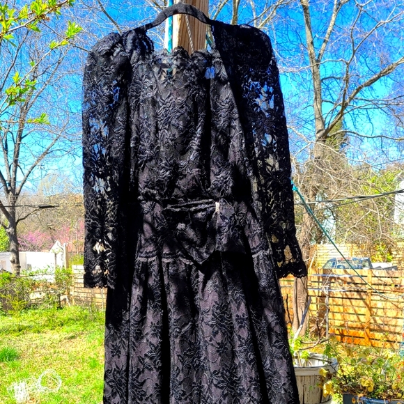 Cachet by Bari Protas black lace vintage dress 80s poofy sleeves - Picture 1 of 4